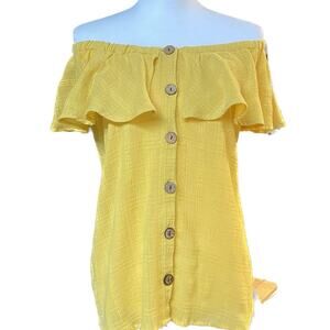Passport Button Up Front Elastic Scoop Neck Cotton Top Women M Mustard Yellow